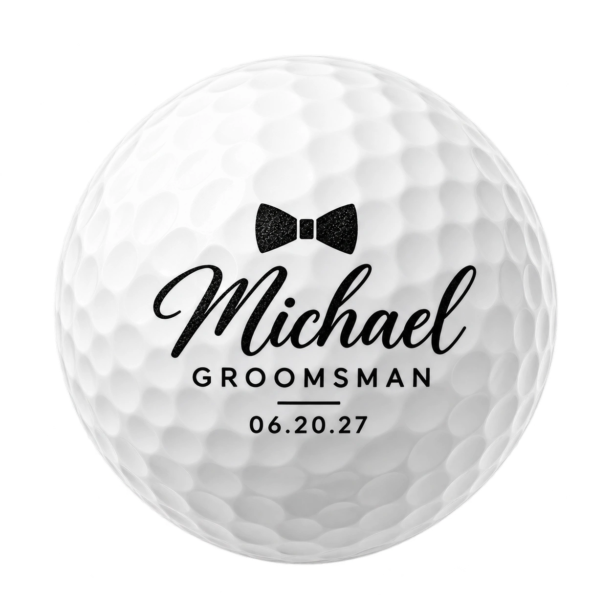 Golf ball printed with a bow tie, the name Michael, Groomsman and the date 06.20.27