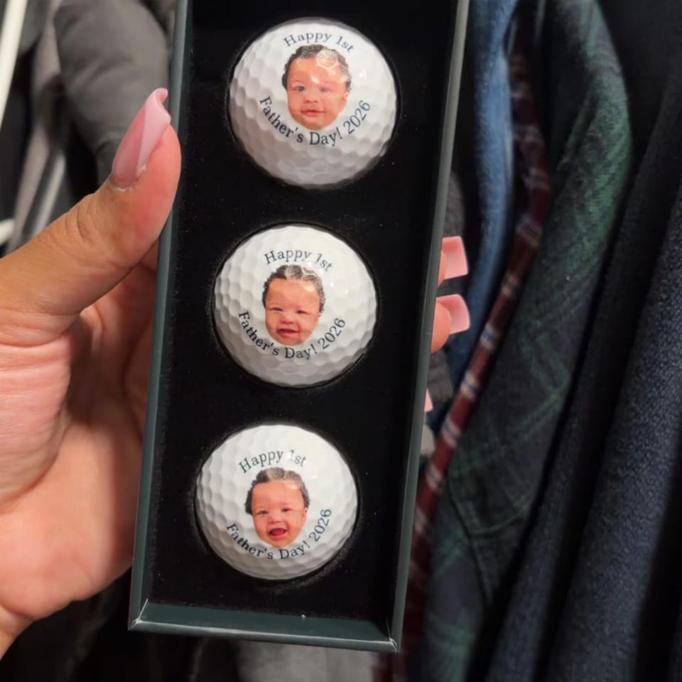 Happy 1st Father's Day golf balls with a baby photo in the gift box